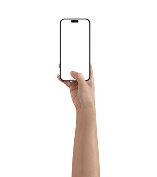 A woman's hand is holding a smartphone, in a gesture of scanning a QR code, taking a vertical photo, and recording a vertical video isolated on white background