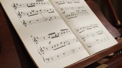 Sheet music open on a wooden music stand, close-up view.