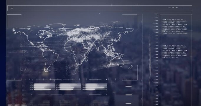 HUD map animating arcs after pulsing node starting flow, cycling HUD bars, showing surge