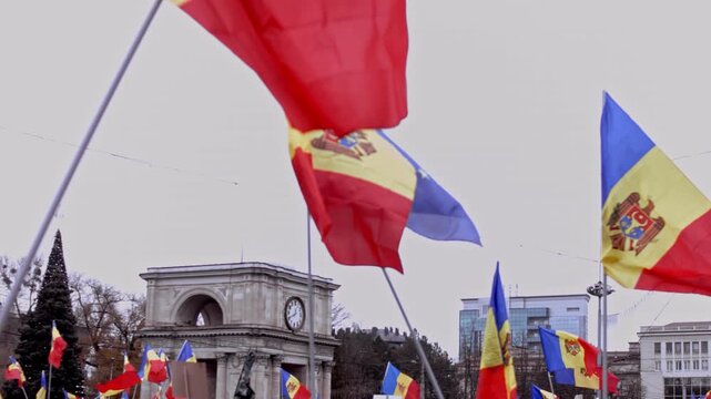 Chisinau, Republic of Moldova - December 06, 2020: protesting against the government, national flag and the flag of European Union are held high