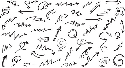 Obraz premium A collection of hand-drawn doodle arrows in various styles and directions, isolated on a white background.