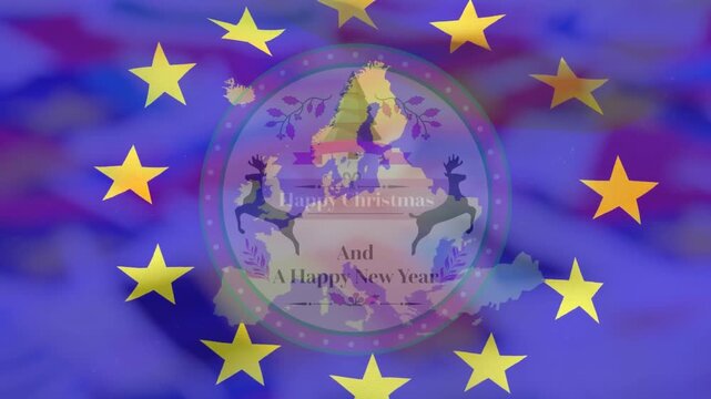 Frame opening with soft Europe map emblem fading star ring moving waves rippling revealing greeting