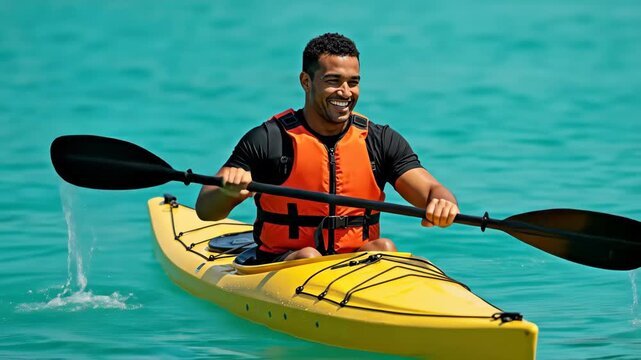 Happy man kayaking in turquoise ocean water. Fit male paddling a yellow kayak on a sunny summer vacation. Water sport and adventure concept