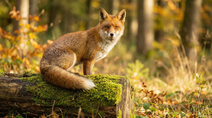 Red fox sits on a mossy log in a sunlit autumn forest, looking alertly at the camera