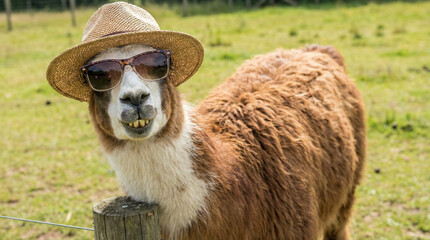 Funny llama wearing a straw hat and sunglasses on a sunny day in a field