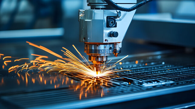 Industrial laser cutting system in action with sparks flying at an automotive manufacturing plant
