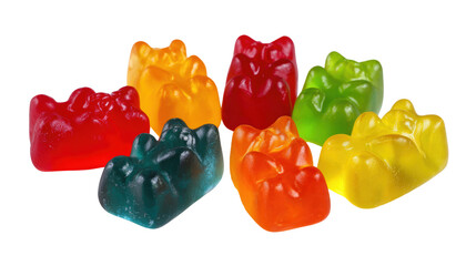 Group of multicolored gummy bears isolated against transparent background