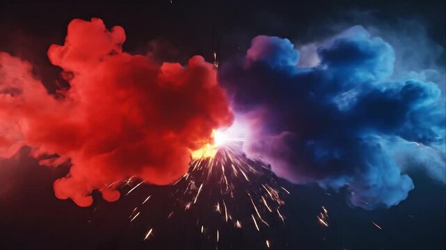 Abstract red and blue smoke explosion with sparks on dark background