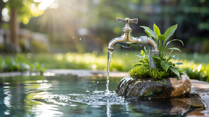 Water conservation concept with faucet flowing into serene garden pond