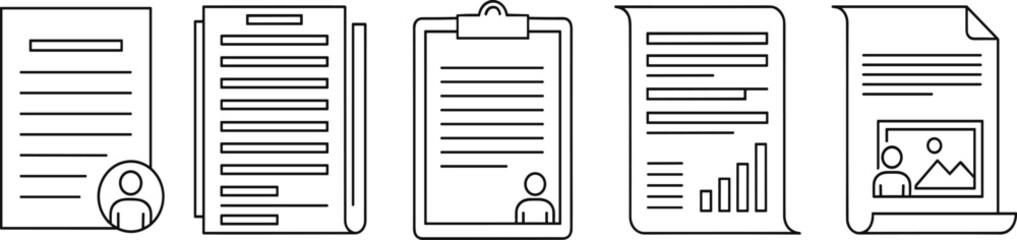 Fototapeta premium Document and report icons set, profile paper sheets, clipboard forms, business files, data reports, office paperwork illustration for corporate use