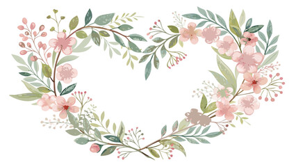 Beautiful floral wreath with pink flowers and green leaves on white