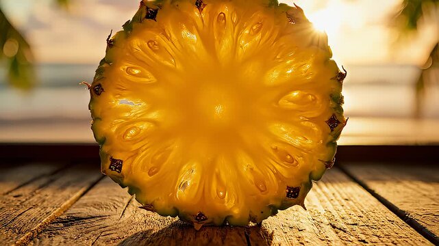 Close-Up: Rotating Pineapple Slice on Beach Wood Against Sunlight