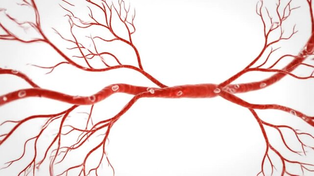 Microscopic view of human blood vessels showcasing branching network and cellular components for medical research or education