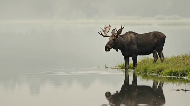 Bull moose drinking in a foggy lake with reflection. Wild animal standing in water near a grassy bank. Morning wilderness landscape