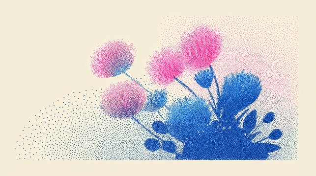 abstract stipple art floral meadow in blue and pink tones, minimal grainy texture flower field illustration on beige background, artistic pointillism style botanical landscape for wallpaper