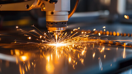 Laser cutting machine in action on thin stainless steel sheet with sparks flying everywhere in an industrial setting