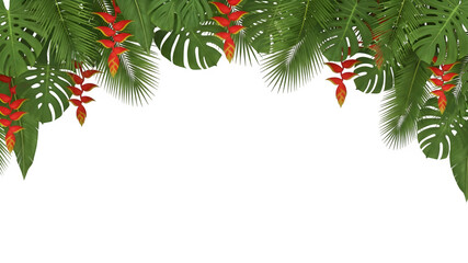 Tropical jungle leaves and red flowers border isolated on white background illustration