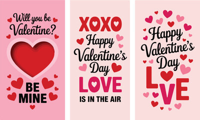 Set of three valentine holiday greeting cards with heart shapes and sweet romantic wishes