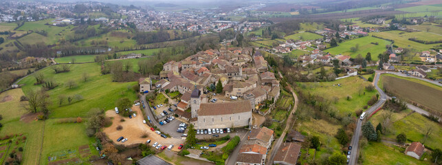 Aerial panoramic view of the old town city  Perouges in France on a cloudy afternoon
