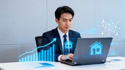 Businessman working on laptop with data visuals