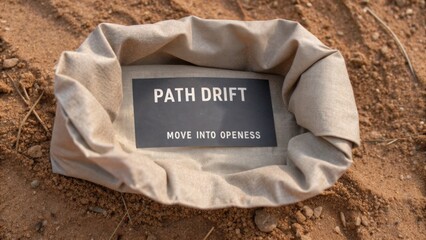Nature-inspired fabric signage with motivational quote about openness on sandy ground in a serene outdoor setting
