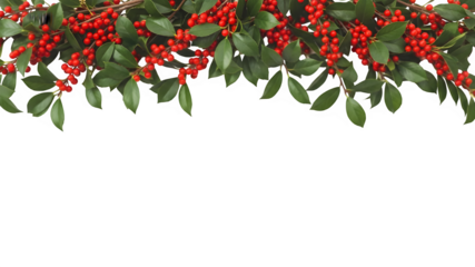 Christmas holly border with red berries and green leaves isolated on white background