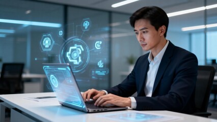 Man in suit working on laptop with digital interface