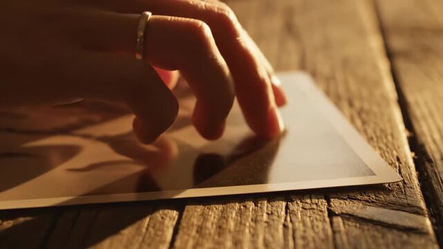 Hand holding a photograph on a wooden table with warm lighting