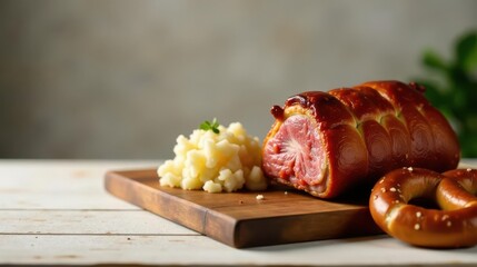 Savory Baked Meat with Pretzel Crust, Creamy Mashed Potatoes, and a Salted Pretzel on Rustic Wooden Board