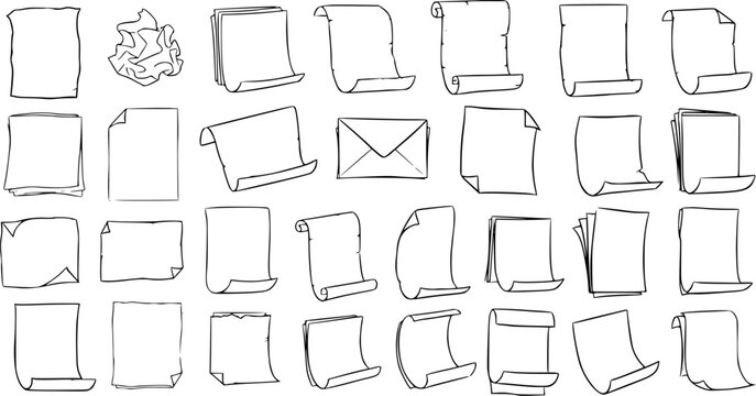 Hand-drawn doodle sketch set of various paper sheets, scrolls, crumpled paper, and an envelope. Collection of blank documents and notepads in sketchy line art style.