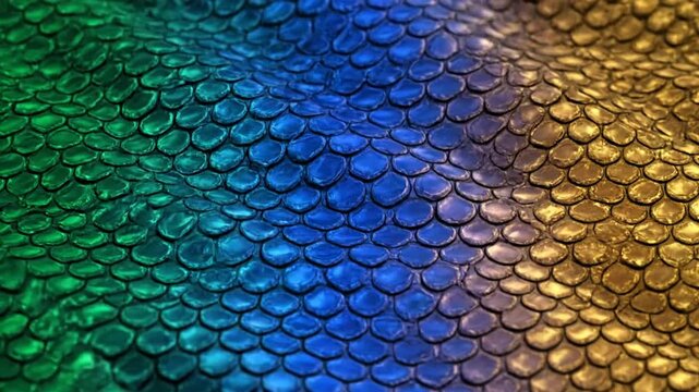 Mesmerizing close-up of a shimmering gradient snake skin texture with green, blue, and gold colors