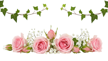 Pink rose floral border with green ivy leaves isolated on white for wedding invitations