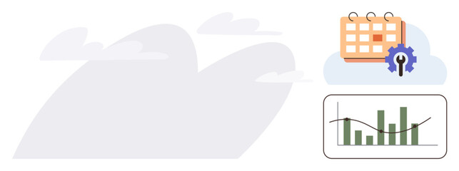 Naklejka premium Business strategy, project management, data analysis, organizational planning, productivity, performance tracking. Calendar with gear icon, bar chart with upward trend. Business strategy and project