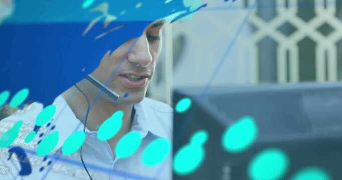 Operator typing and speaking through headset, driving animated map overlay with numeric market data