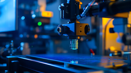 Precision laser scanning device analyzing a composite surface in a laboratory setting with blue and yellow lighting