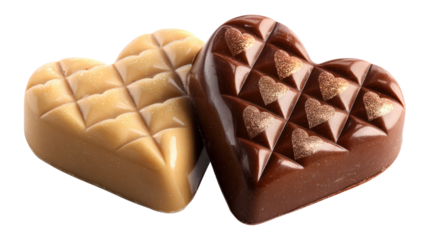 Pair of brown heart shaped chocolate candies decorated for valentine's day isolated