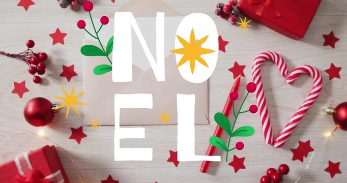 On start white letters stacking into NOEL over envelope branches drawing stars twinkling decorating