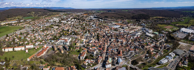 Aerial panoramic view of the old town city  Héricourt in France on a sunny day