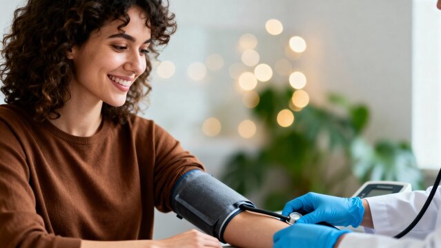 Woman receiving blood pressure check - Powered by Adobe