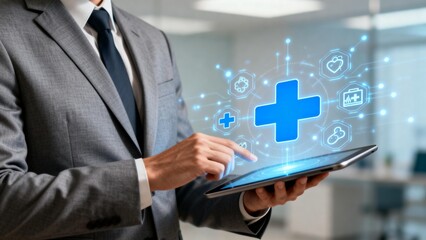 Businessman interacting with digital health icons