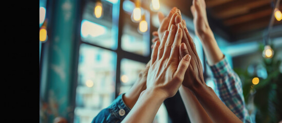 High-Five of Collaboration: Several hands unite in a celebratory high-five, showcasing the power of teamwork and collaboration