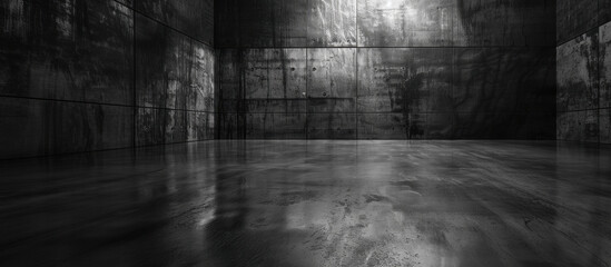 Dark Concrete Room Reflection: An industrial-style interior, featuring a somber ambiance created by the interplay of light and shadow on weathered concrete surfaces, enhanced by a reflective floor.