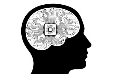 Silhouette of human head with circuit board inside brain representing artificial intelligence