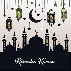 Fototapeta premium A serene Ramadan Kareem greeting card featuring a mosque silhouette with hanging lanterns and crescent moon against a gradient background.