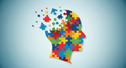 Vibrant puzzle pieces forming a human head with scattered fragments
