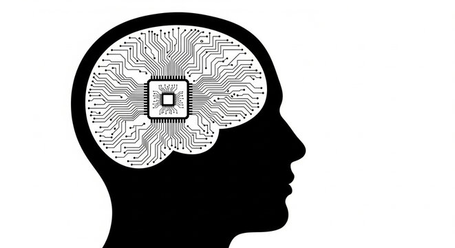 Silhouette of human head with circuit board inside brain representing artificial intelligence - Powered by Adobe
