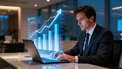 Businessman working on laptop with data charts
