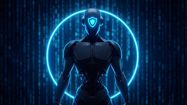 Futuristic robot with glowing blue shield standing in front of digital circle