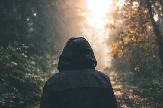 A person is walking through a forest wearing a black jacket