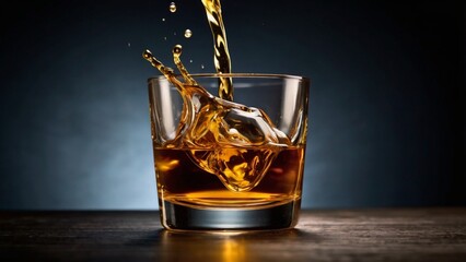 Slow-motion style whiskey pour into a glass tumbler, amber liquid creating ripples and tiny splashes against a dark background.
